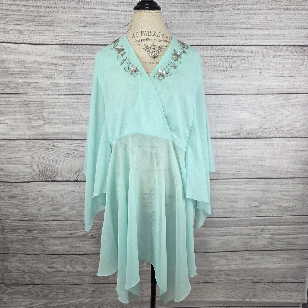 Lane Bryant Light Blue Sheer Asymmetrical Long Sleeve Beaded Embroidered Blouse